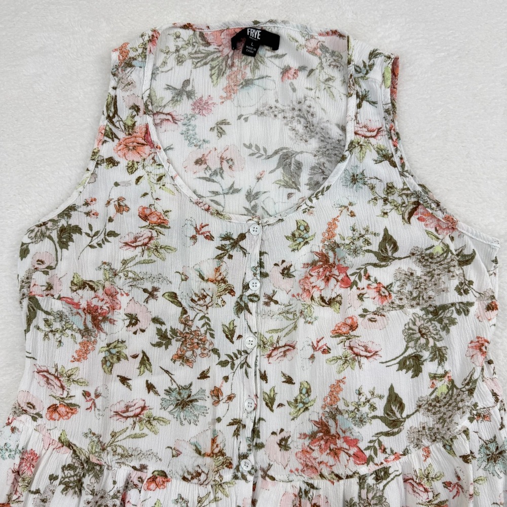Frye Floral Button Front Sleeveless Midi Dress Womens Large White Cottage Garden